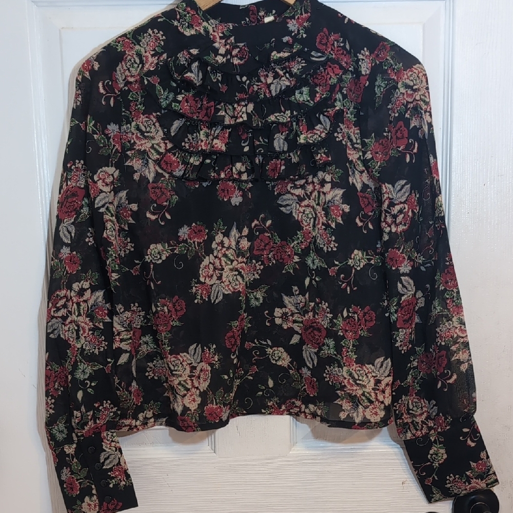 True Destiny Black Floral Ruffle Blouse Women's Size M